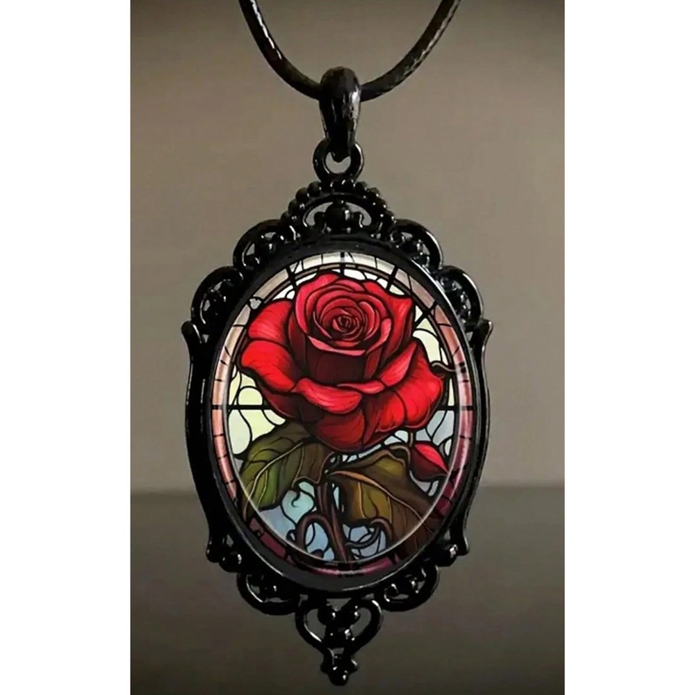 Gothic Stained Glass Red Rose‎ Pendant Necklace Black Filigree Victorian Floral